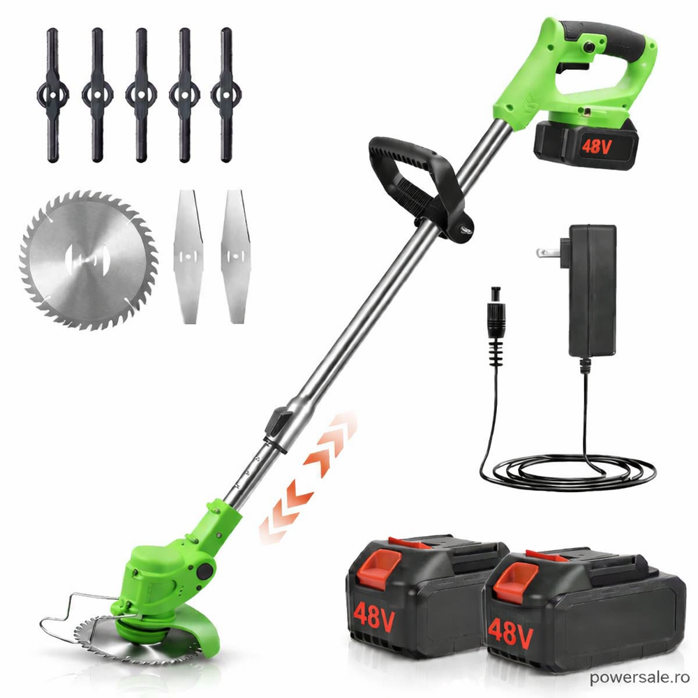 Motocoasă Electrică cu Acumulator 48V 4000 mAh, 20.000 RPM, Braț Reglabil, Autonomie 4 Ore + CADOU Mănuși Protecție Powersale
