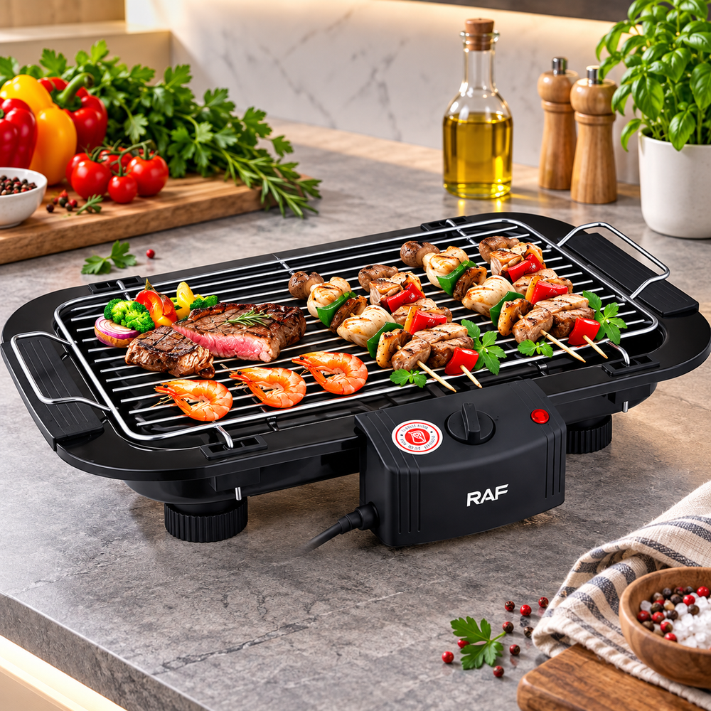 Grătar Electric RAF 2000W, 5 Trepte de Temperatură, Grilaj Inox, Termostat Reglabil, Negru Powersale