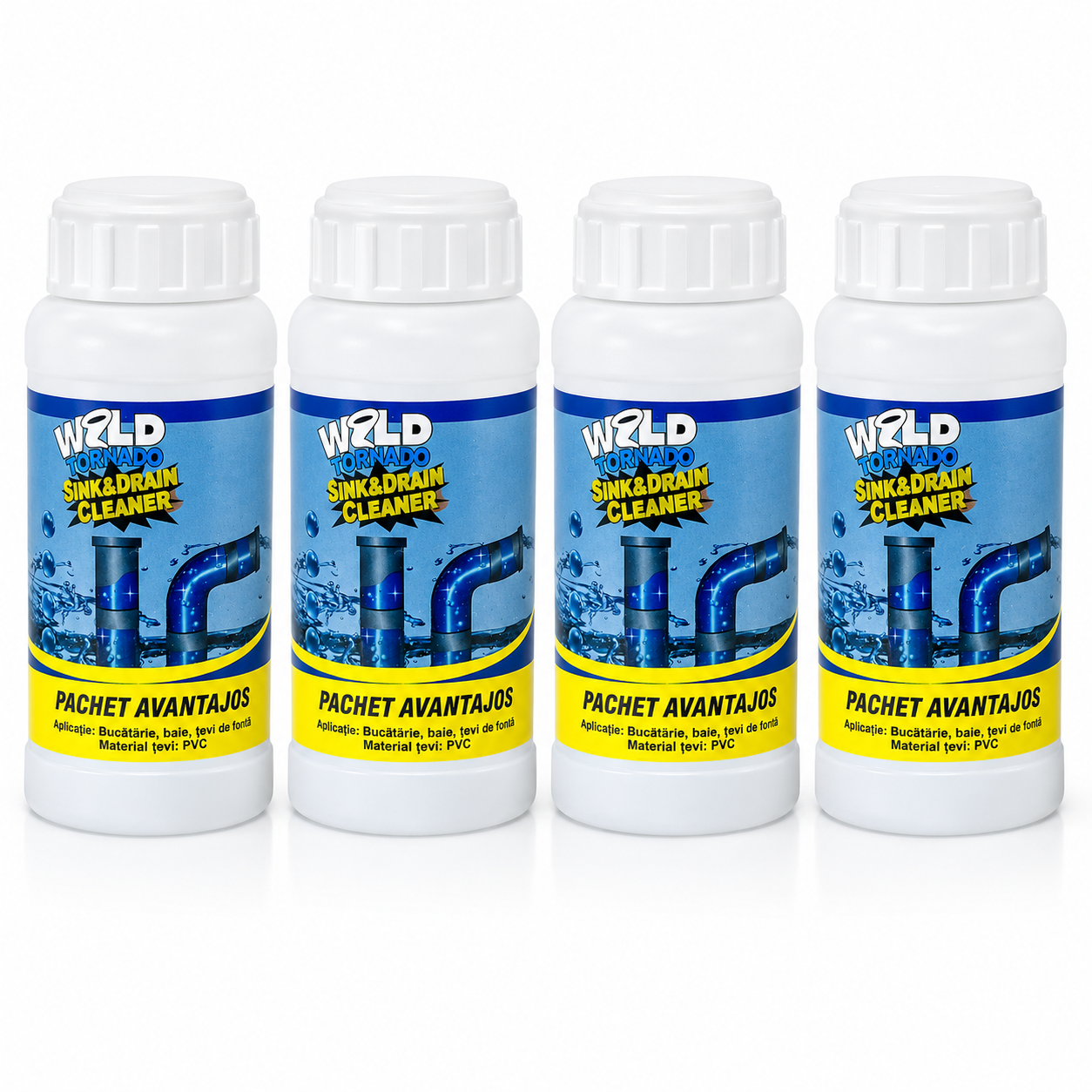 Set 4 Bucati Solutie Desfundat Tevi Wild Tornado Sink & Drain Cleaner, 110g, Actiune Rapida pentru Chiuveta, WC, Dus si Canalizare, Curatare Puternica, Elimina Mirosurile Neplacute PromotiiZilnice