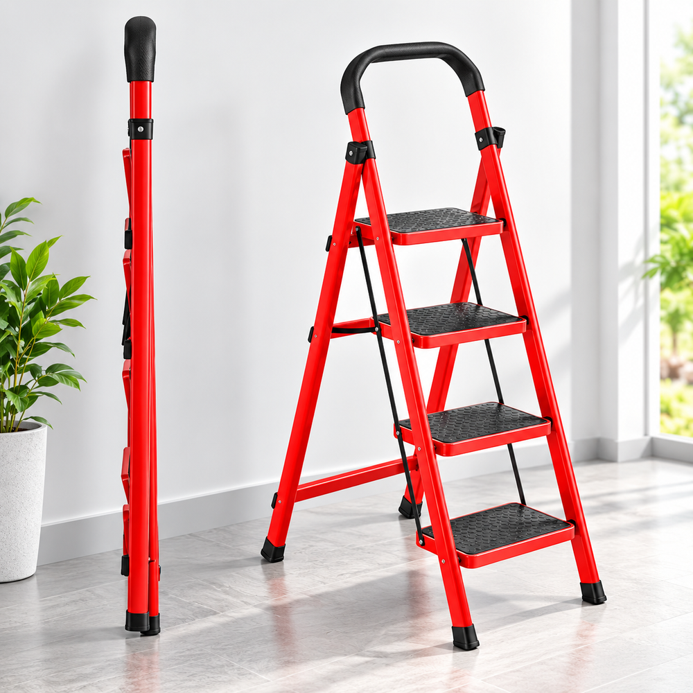 Scară Metalică Pliabilă cu 4 Trepte Antiderapante, Mâner Ergonomic, Roșu-Negru BunSiPractic