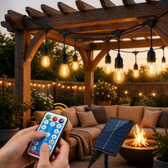 Ghirlanda solara exterior 25 metri cu 25 becuri LED E27, telecomanda, IP65 rezistenta la apa – instalatie luminoasa pentru gradina, terasa, balcon si evenimente Powersale