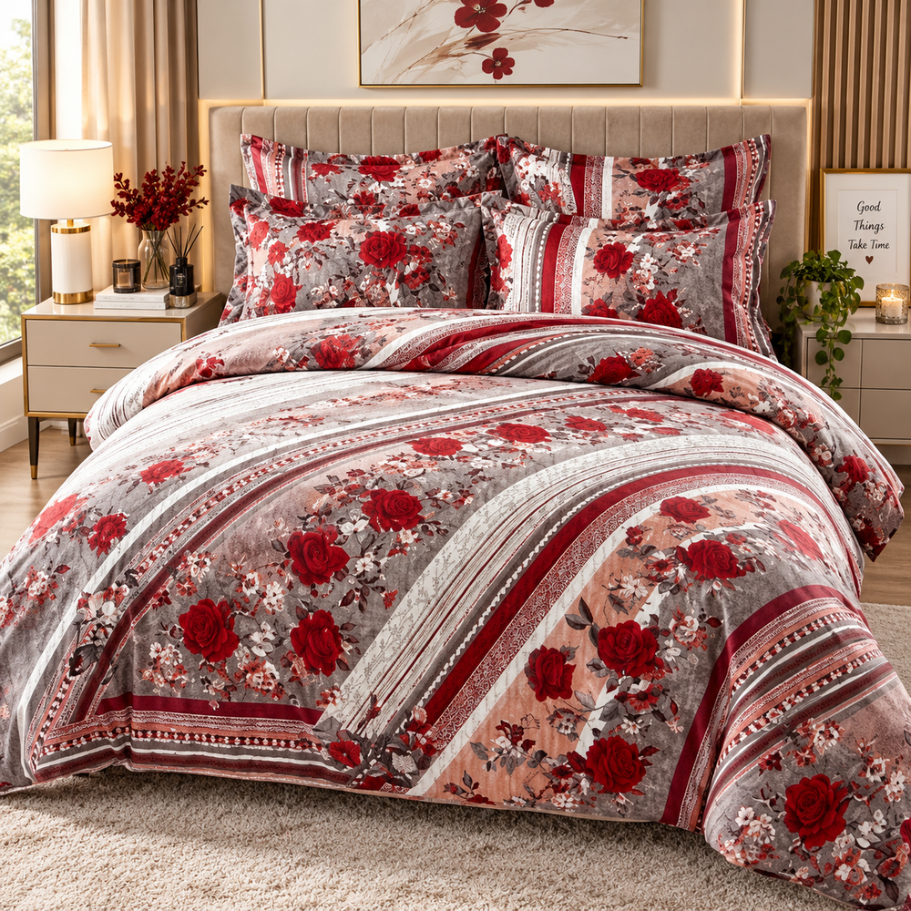 Lenjerie de Pat din Finet, 4 Piese, Model Floral cu Trandafiri, Roșu-Gri Powersale