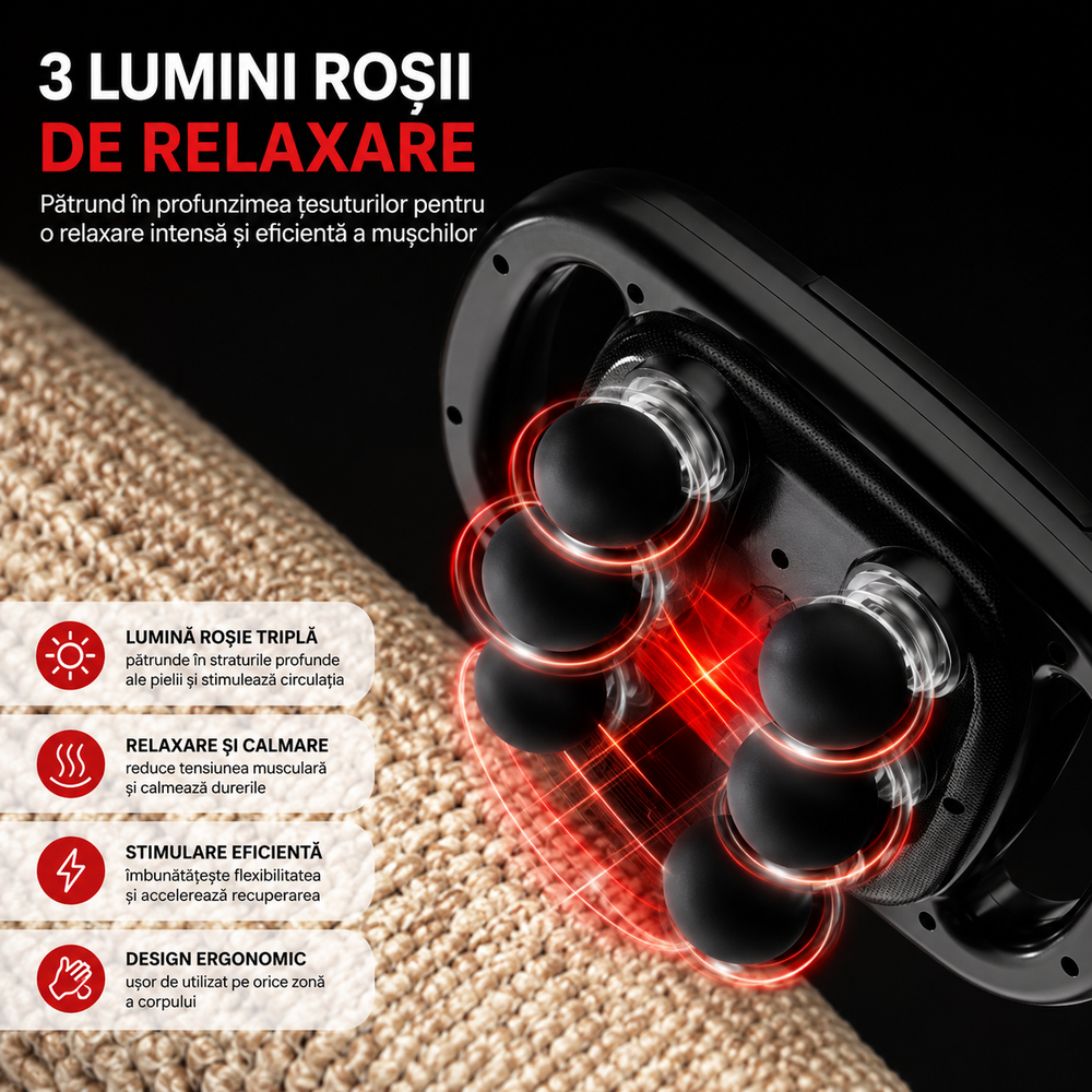 Aparat de Masaj Profesional cu 6 Capete, Display Digital, Lumină LED Roșie, Portabil, Relaxare Musculară Profundă Powersale