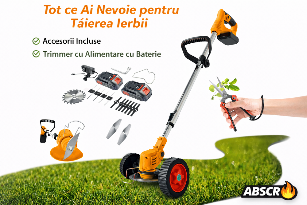 Motocoasă Electrică cu 2 Acumulatori 48V 4000 mAh, 18000 RPM, cu Roți Detasabile, Disc + 2 Lame + 5 Palete Incluse – Trimmer Profesional Iarbă și Buruieni BoomSale