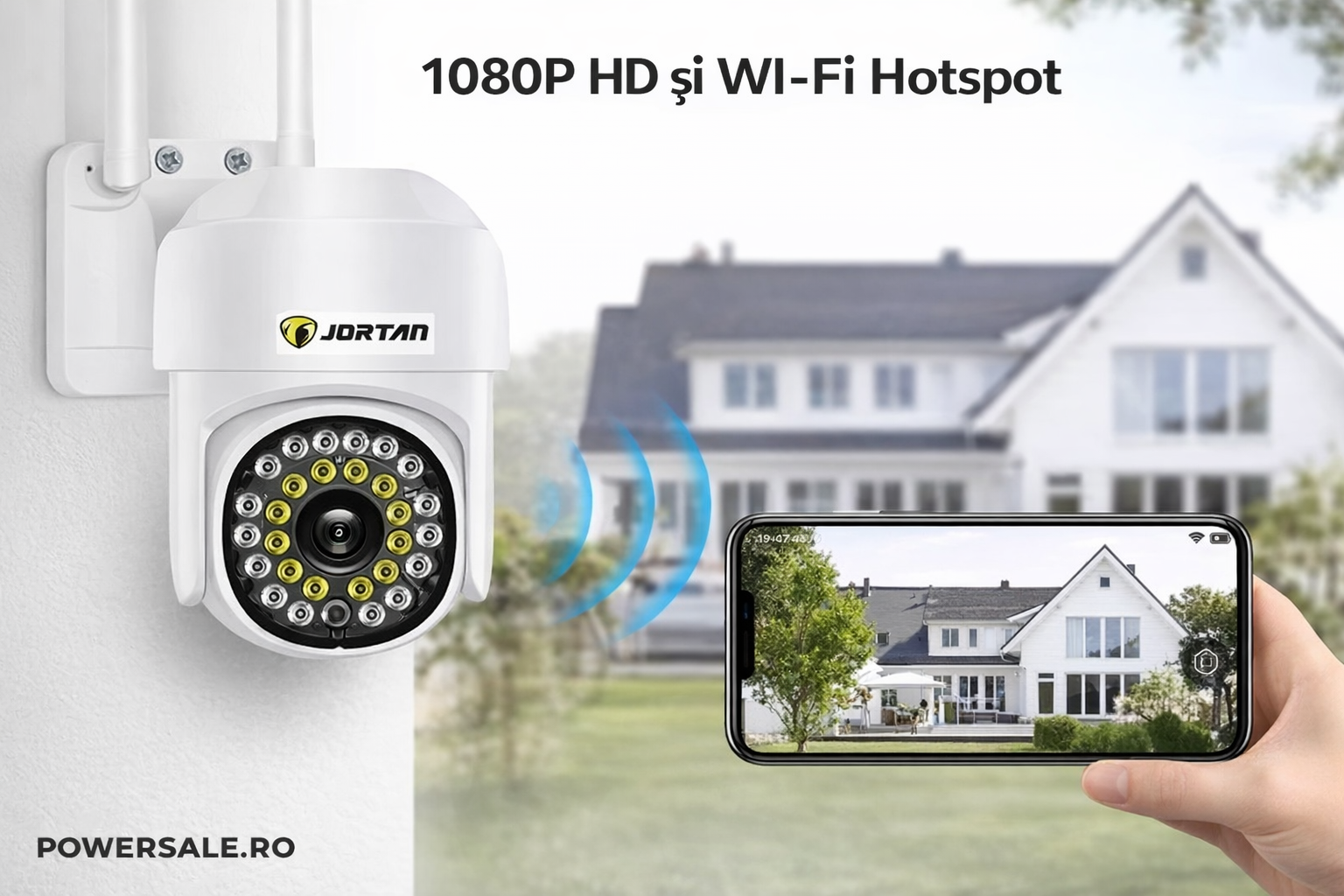 Set 2 Proiectoare Solare JORTAN 100W IP66 + CADOU Cameră Supraveghere Jortan 1080P WiFi cu Card 32GB Inclus Powersale