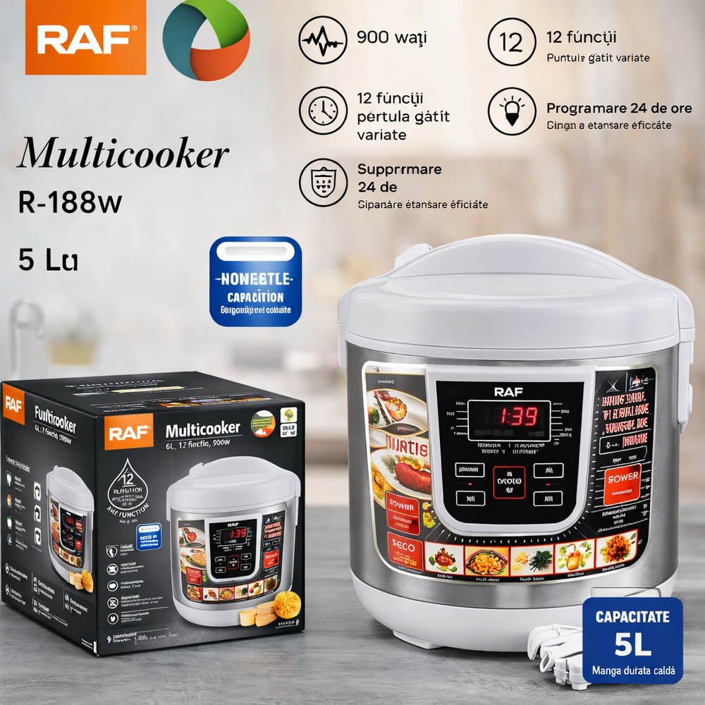 Oală multicooker RAF R166W 5L, 900W, 12 programe, afișaj digital, multifuncțională, alb Powersale