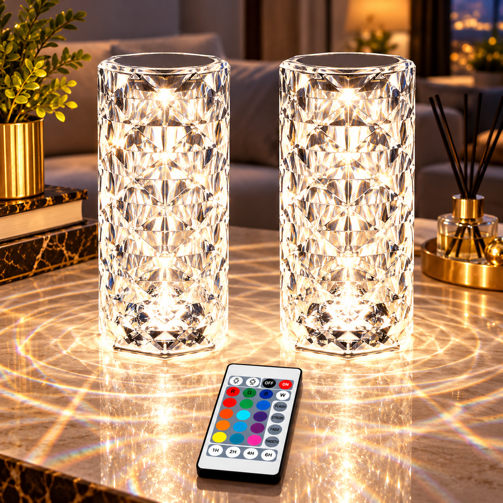 Set 2 Lămpi LED Ambientale RGB, Tip Cristal, cu Telecomandă, Control Tactil, Reîncărcabile USB, Efecte Luminoase PromotiiZilnice