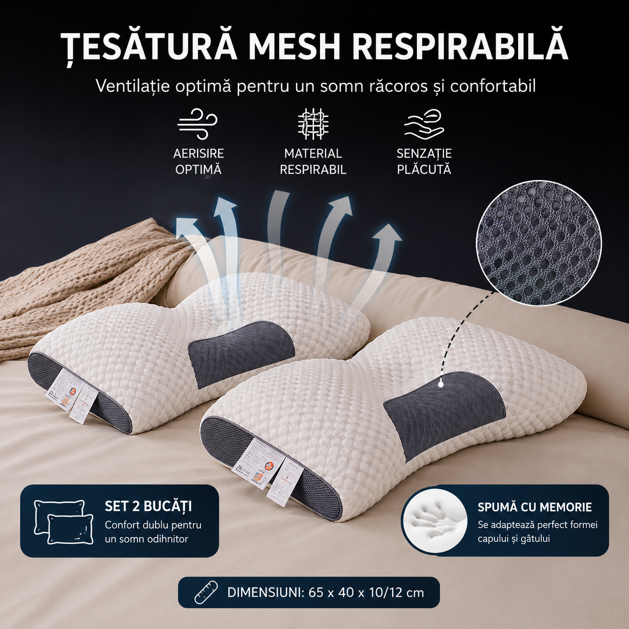 Set 2 Perne Anatomice din Spumă cu Memorie, Reglabile pe Înălțime, Suport Cervical, Husă Respirabilă, 65 x 40 cm PromotiiZilnice