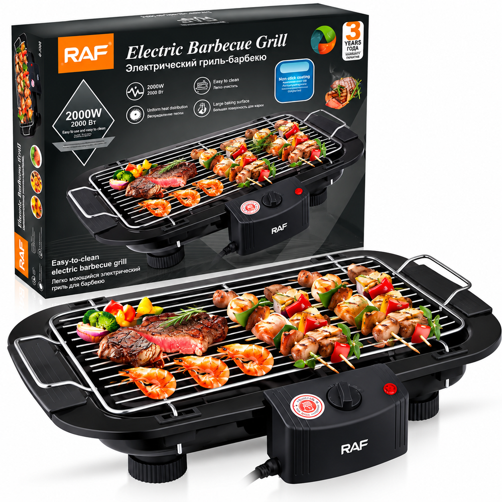 Grătar Electric RAF 2000W, 5 Trepte de Temperatură, Grilaj Inox, Termostat Reglabil, Negru Powersale