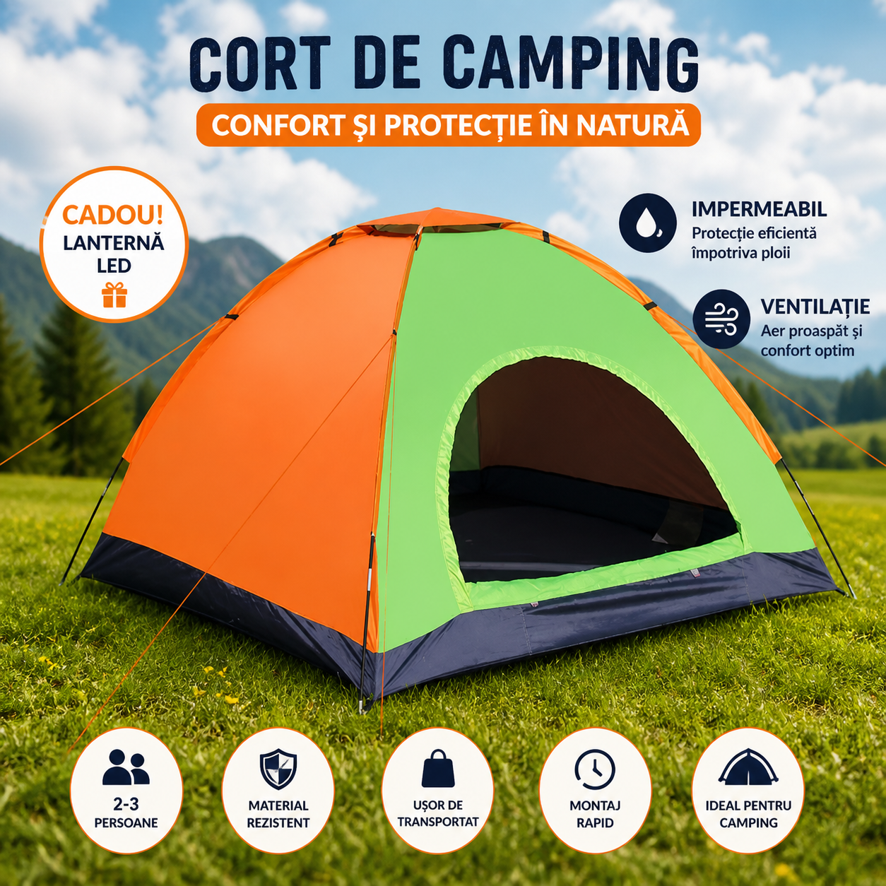 Cort Camping 3-4 Persoane 200x200x135 cm Impermeabil + Lanterna de Cap Cadou – Montare Rapida, Material Rezistent PromotiiZilnice