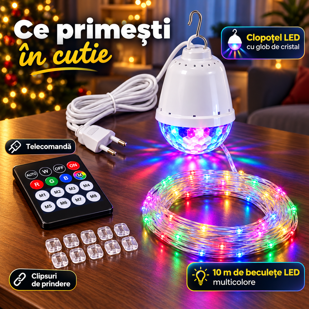 Instalație LED de Crăciun cu Clopoțel Luminos pentru Vârful Bradului, 10 m, Glob de Cristal, Telecomandă, 8 Moduri de Iluminare, Multicolor Powersale