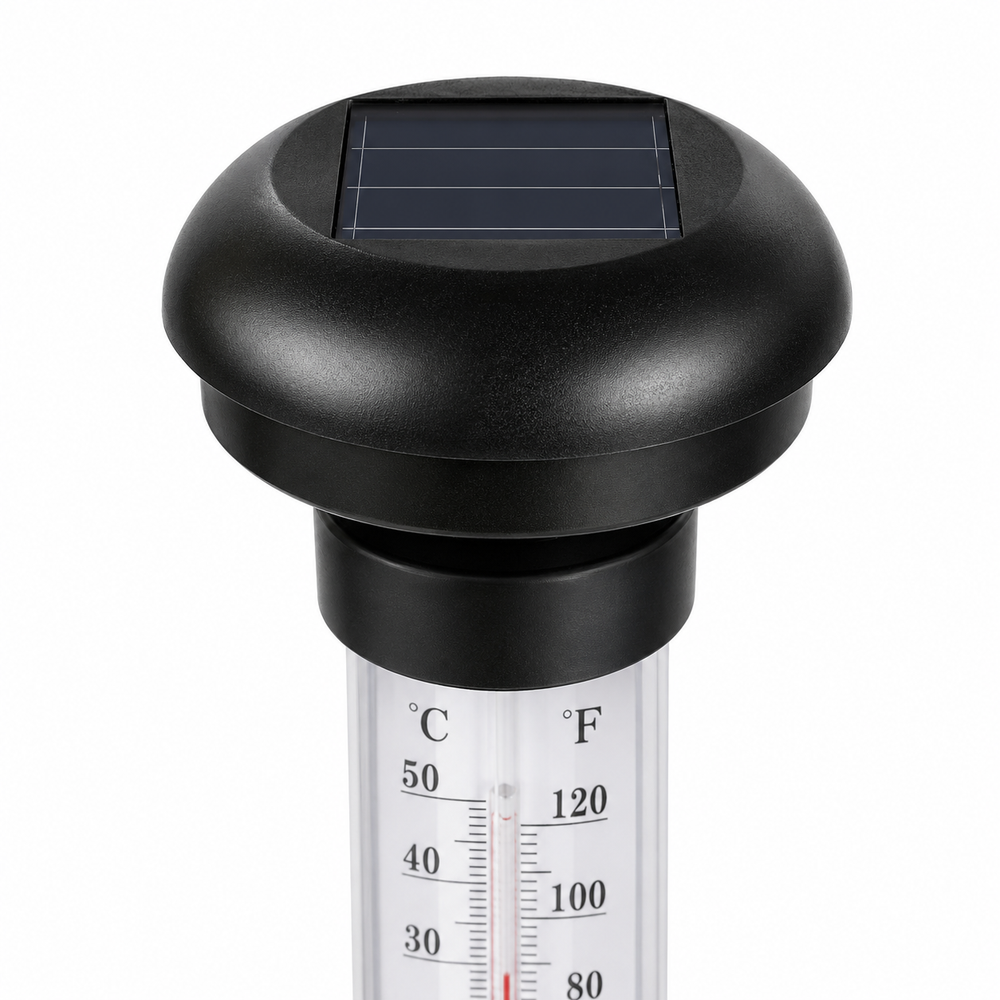 Set 2 Termometre Solare de Gradina cu Lampa LED, Afisaj Dual Celsius/Fahrenheit, Aprindere Automata, Incarcare Solara, Tarus Inclus, 35 cm, Negru PromotiiZilnice