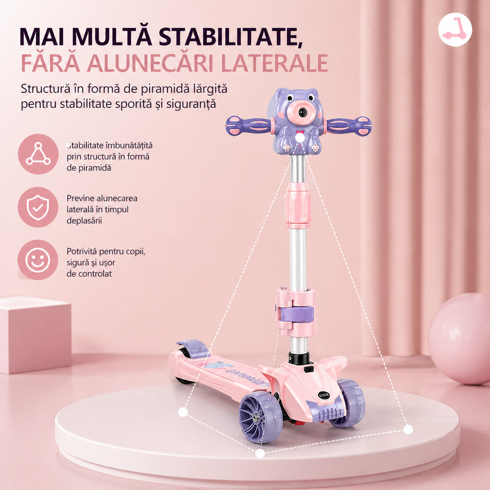 Trotineta multifunctionala copii 3 in 1 cu muzica, baloane de sapun si roti LED, pliabila, ghidon reglabil, scaun detasabil, roz-mov Powersale