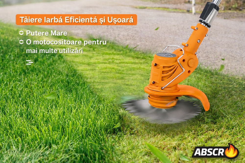 Motocoasă Electrică cu 2 Acumulatori 48V 4000 mAh, 18000 RPM, cu Roți Detasabile, Disc + 2 Lame + 5 Palete Incluse – Trimmer Profesional Iarbă și Buruieni BoomSale