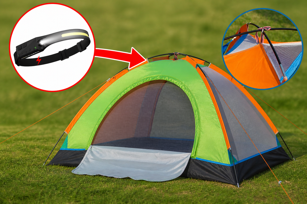 Cort Camping 3-4 Persoane 200x200x135 cm Impermeabil + Lanterna de Cap Cadou – Montare Rapida, Material Rezistent PromotiiZilnice