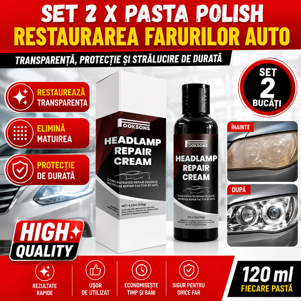 Set 2 x Pasta Polish pentru Restaurarea Farurilor Auto, 120 ml fiecare eShopix