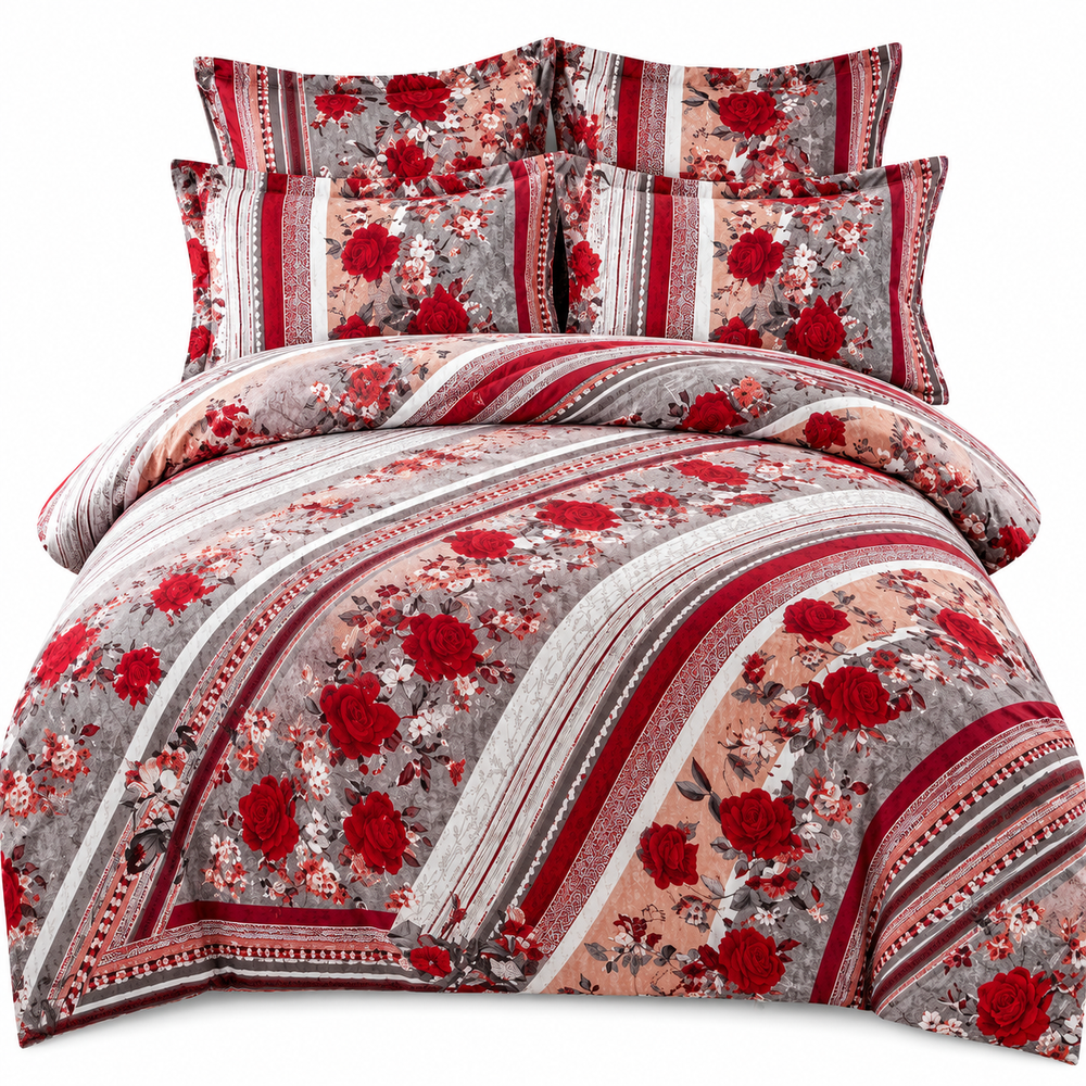 Lenjerie de Pat din Finet, 4 Piese, Model Floral cu Trandafiri, Roșu-Gri Powersale