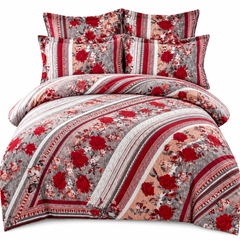 Lenjerie de Pat din Finet, 4 Piese, Model Floral cu Trandafiri, Roșu-Gri Powersale