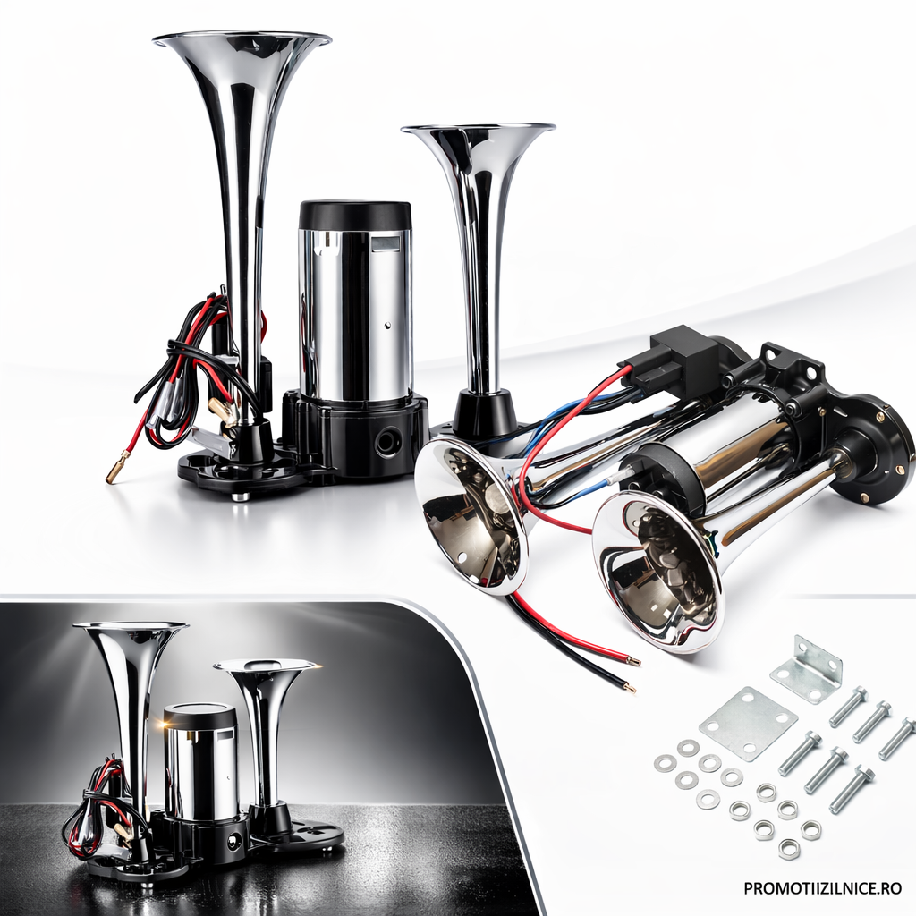 Claxon Auto 12V cu Compresor Energy Premium, 2 Goarne Cromate, Sistem Dublu Sunet Puternic, Montaj Universal PromotiiZilnice