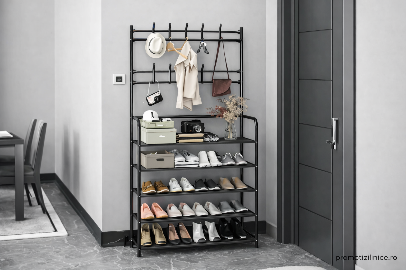 Cuier Metalic Multifuncțional cu Pantofar și 4 Rafturi Spațioase – Organizator pentru Hol, Living sau Dormitor, Design Modern Negru, Structură Rezistentă PromotiiZilnice