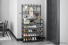 Cuier Metalic Multifuncțional cu Pantofar și 4 Rafturi Spațioase – Organizator pentru Hol, Living sau Dormitor, Design Modern Negru, Structură Rezistentă PromotiiZilnice