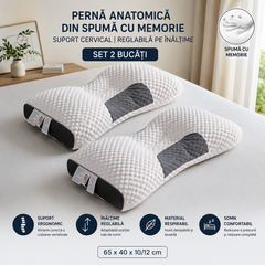 Set 2 Perne Anatomice din Spumă cu Memorie, Reglabile pe Înălțime, Suport Cervical, Husă Respirabilă, 65 x 40 cm PromotiiZilnice