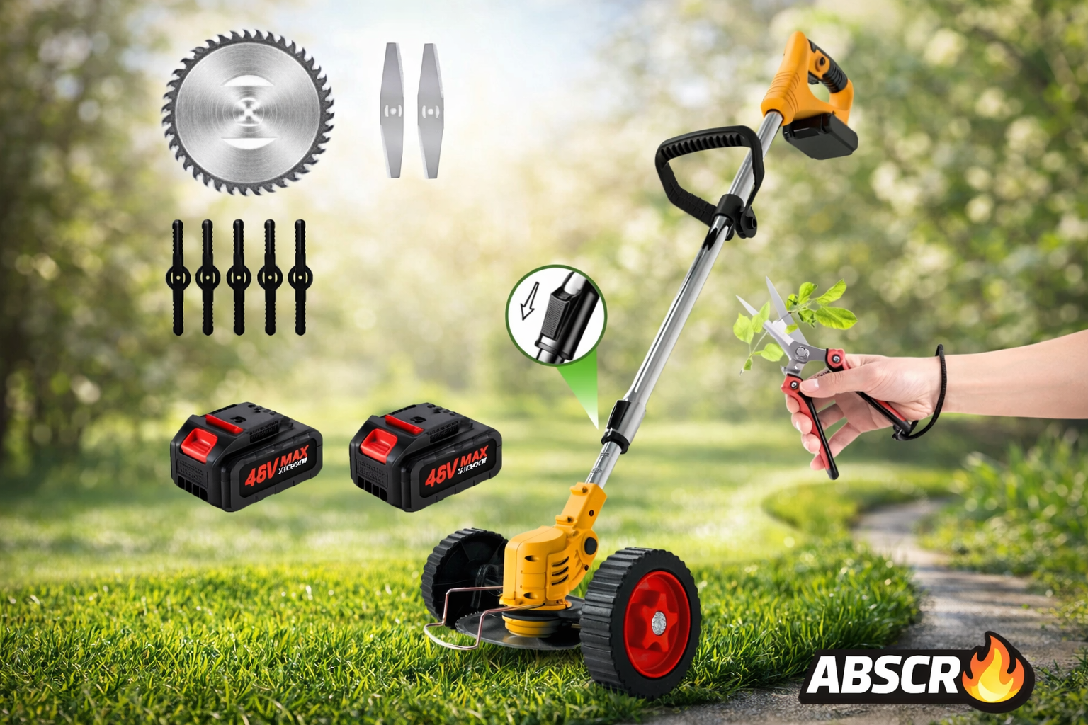 Motocoasă Electrică cu 2 Acumulatori 48V 4000 mAh, 18000 RPM, cu Roți Detasabile, Disc + 2 Lame + 5 Palete Incluse – Trimmer Profesional Iarbă și Buruieni BoomSale