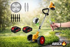 Motocoasă Electrică cu 2 Acumulatori 48V 4000 mAh, 18000 RPM, cu Roți Detasabile, Disc + 2 Lame + 5 Palete Incluse – Trimmer Profesional Iarbă și Buruieni BoomSale