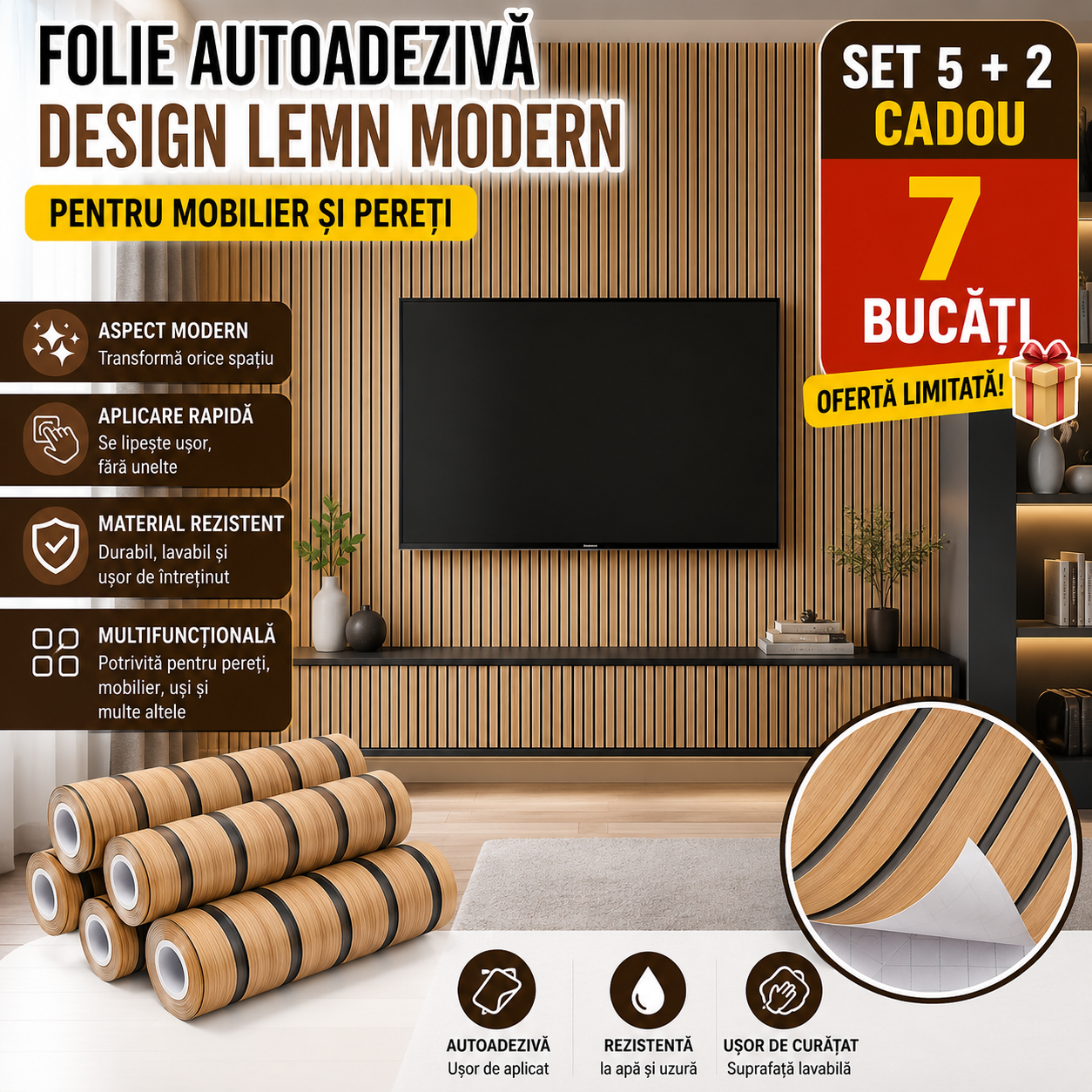 Set 7 Bucăți Folie Autocolantă pentru Mobilier și Pereți Aspect Lemn Modern | 5 + 2 Cadou Powersale