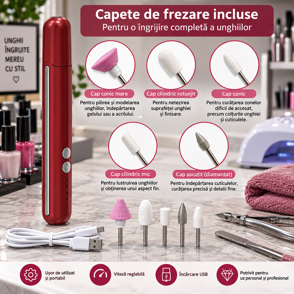 Freză Electrică pentru Manichiură și Pedichiură, Portabilă, USB, cu Capete de Frezare Powersale