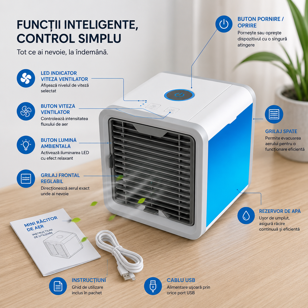 Set 2 Bucăți Mini Răcitor de Aer Portabil Arctic Air Cooler, Umidificare și Purificare Aer, Alimentare USB, LED 7 Culori PromotiiZilnice