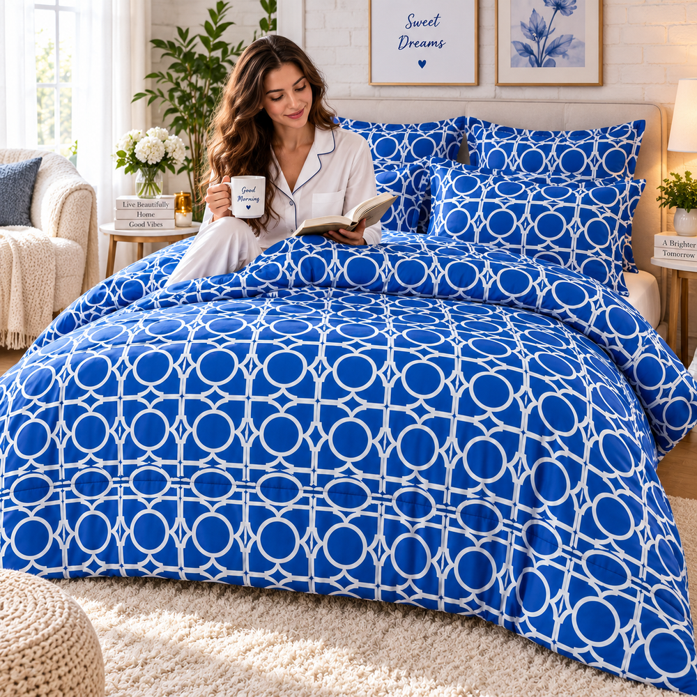 Lenjerie de Pat din Finet, 4 Piese, Albastru cu Model Geometric Powersale