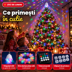 Instalație LED de Crăciun cu Clopoțel Luminos pentru Vârful Bradului, 10 m, Glob de Cristal, Telecomandă, 8 Moduri de Iluminare, Multicolor Powersale
