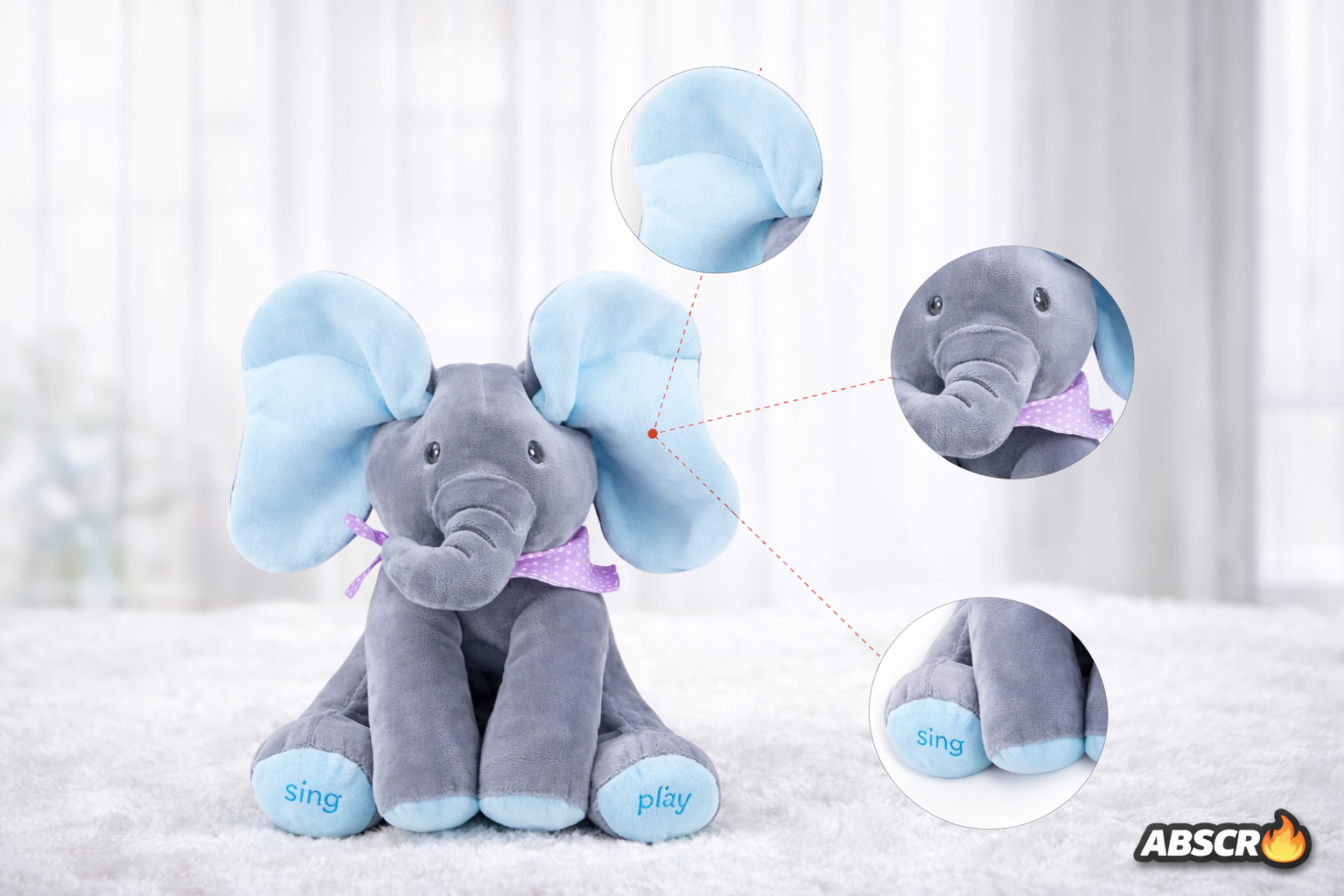 Jucarie de plus interactiva ABSCR Elefant Peek-a-Boo, canta si se joaca Cucu Bau, misca urechile, 2 moduri de joc, 33 x 16 cm, material moale, pentru copii PromotiiZilnice