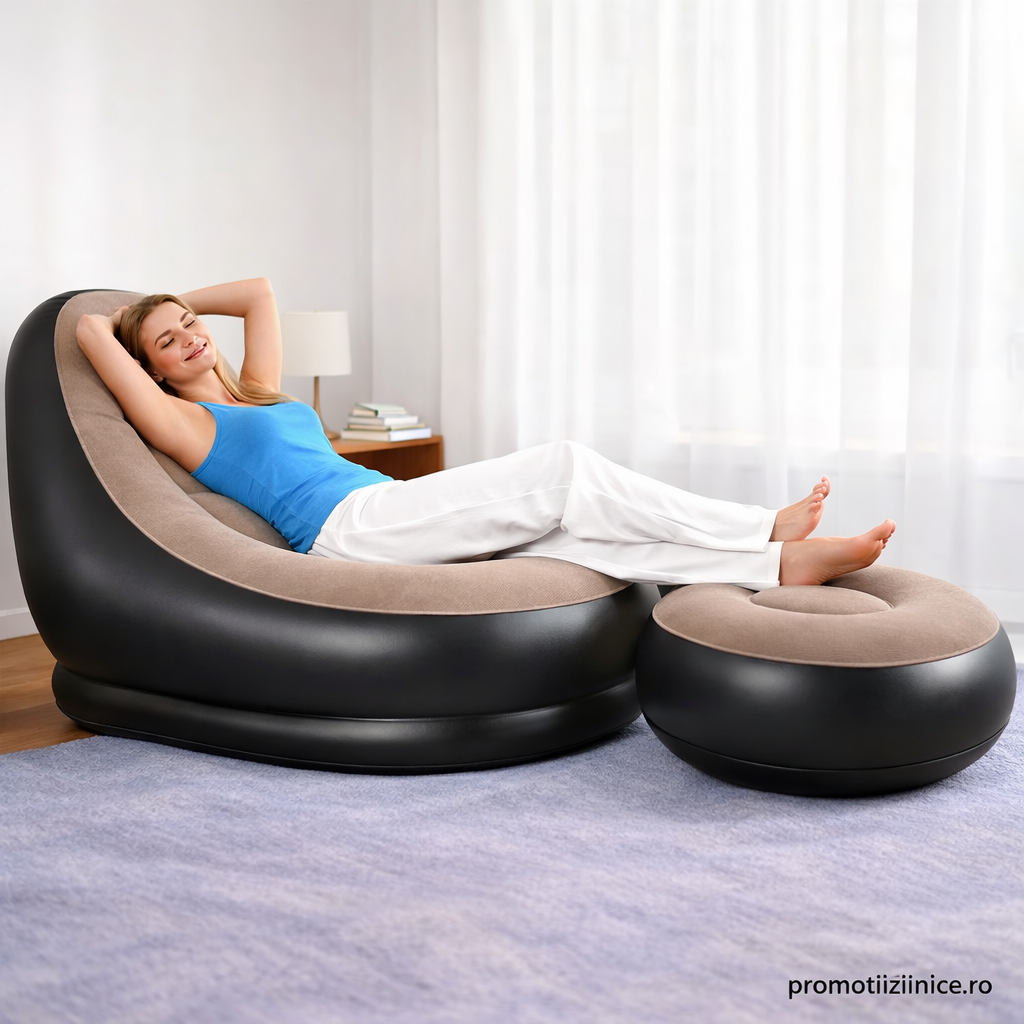 Fotoliu Gonflabil Premium cu Suport pentru Picioare, Înveliș Catifelat, Design Ergonomic PromotiiZilnice