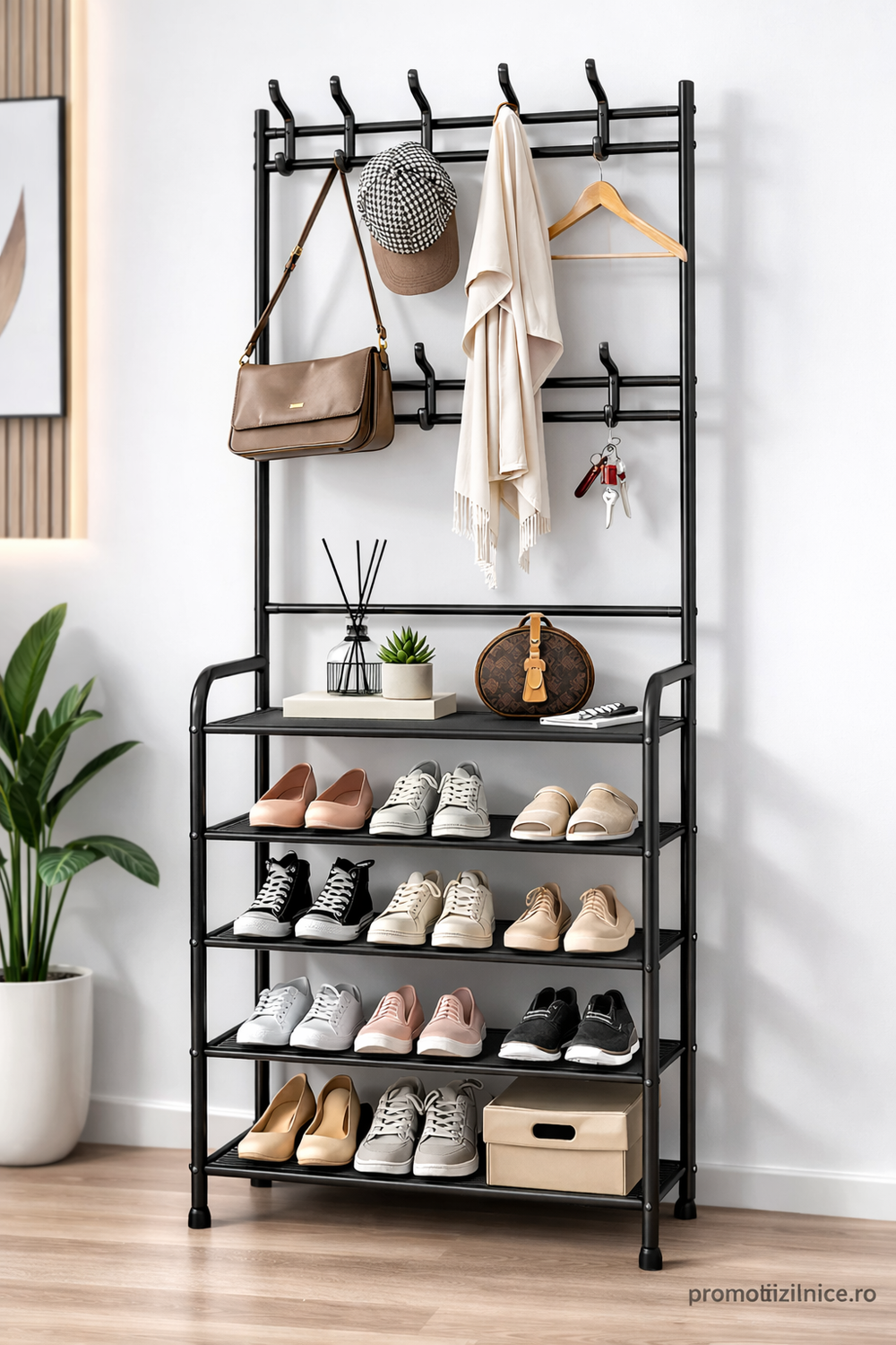 Cuier Metalic Multifuncțional cu Pantofar și 4 Rafturi Spațioase – Organizator pentru Hol, Living sau Dormitor, Design Modern Negru, Structură Rezistentă PromotiiZilnice