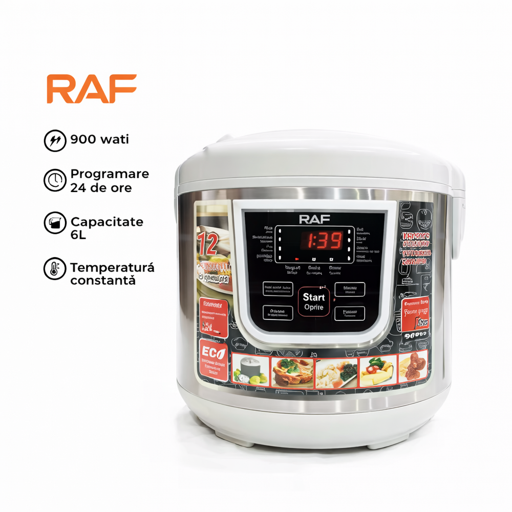 Oală multicooker RAF R166W 5L, 900W, 12 programe, afișaj digital, multifuncțională, alb Powersale