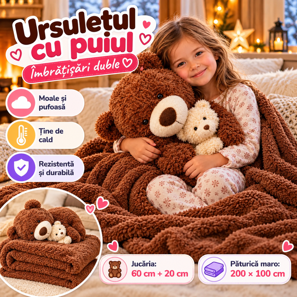 Jucărie de Pluș 2 în 1 cu Păturică Pufoasă 200 × 100 cm, Fermoar Ascuns, Panda, Gâscă, Ursuleț sau Elefant, Model la Alegere Powersale