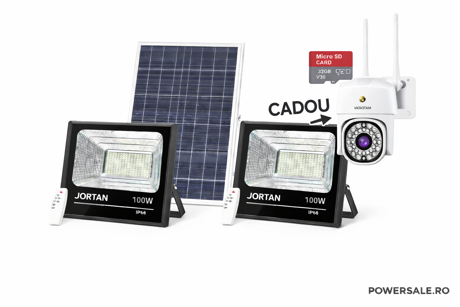 Set 2 Proiectoare Solare JORTAN 100W IP66 + CADOU Cameră Supraveghere Jortan 1080P WiFi cu Card 32GB Inclus Powersale