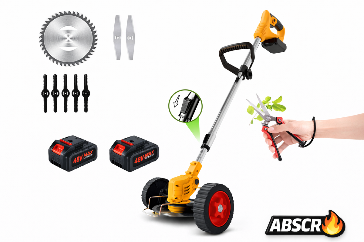 Motocoasă Electrică cu 2 Acumulatori 48V 4000 mAh, 18000 RPM, cu Roți Detasabile, Disc + 2 Lame + 5 Palete Incluse – Trimmer Profesional Iarbă și Buruieni BoomSale