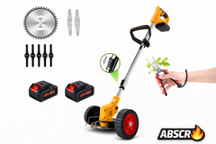 Motocoasă Electrică cu 2 Acumulatori 48V 4000 mAh, 18000 RPM, cu Roți Detasabile, Disc + 2 Lame + 5 Palete Incluse – Trimmer Profesional Iarbă și Buruieni BoomSale