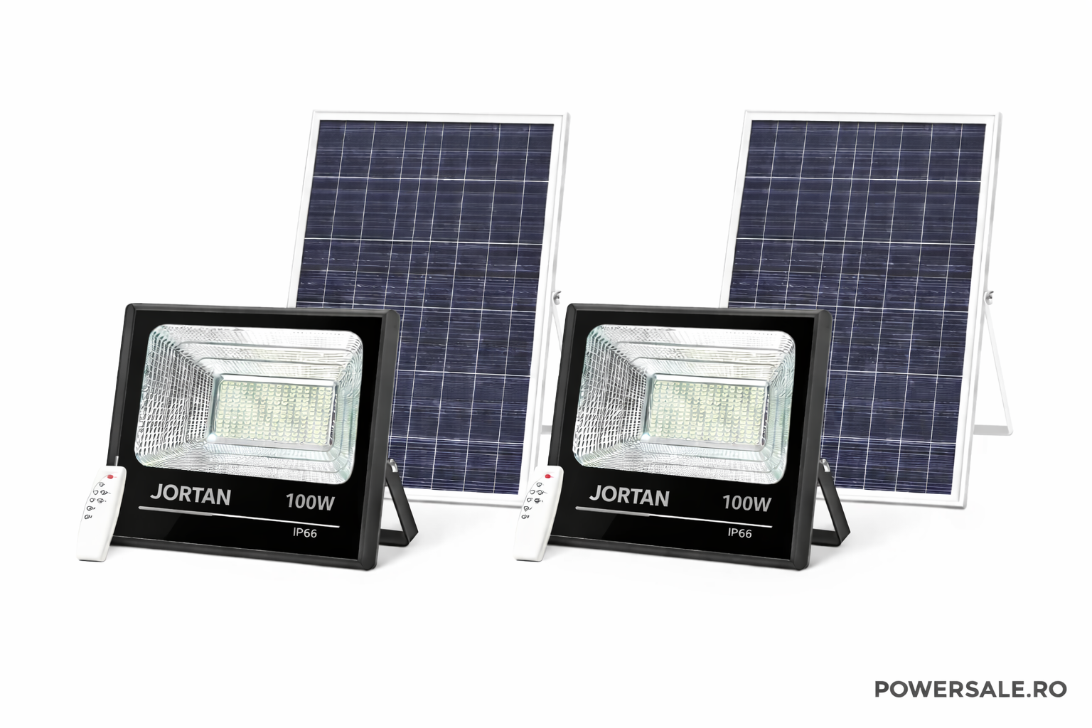 Set 2 Proiectoare Solare JORTAN 100W IP66 + CADOU Cameră Supraveghere Jortan 1080P WiFi cu Card 32GB Inclus Powersale