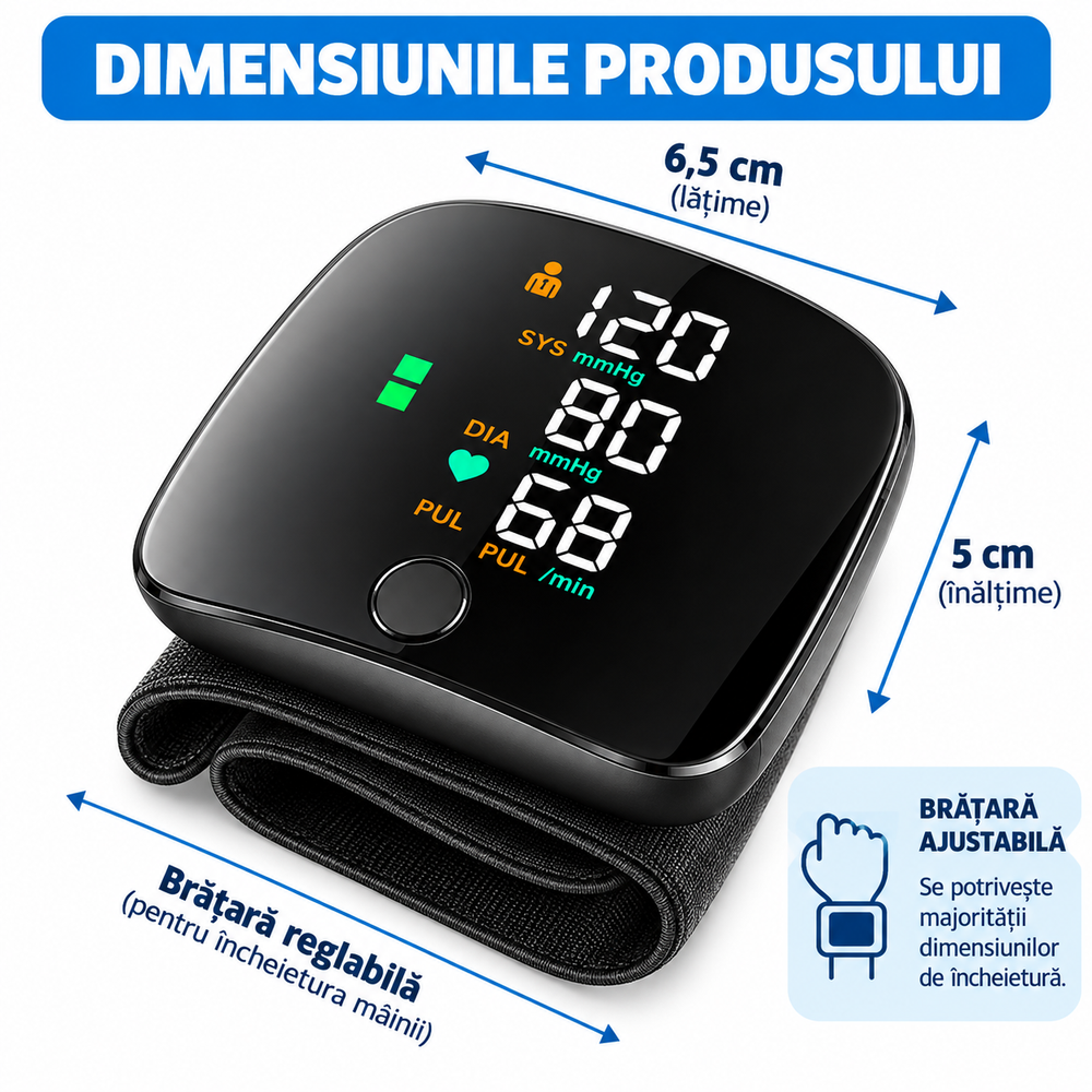 Tensiometru Digital de Încheietură, Ecran LED Mare, Măsurare Automată, Detectare Puls Neregulat, Memorie, Anunț Vocal, USB-C, Negru PromotiiZilnice