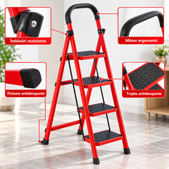 Scară Metalică Pliabilă cu 4 Trepte Antiderapante, Mâner Ergonomic, Roșu-Negru BunSiPractic