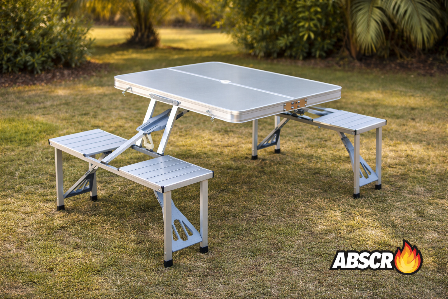Masa pliabila aluminiu tip geamantan cu 4 scaune si suport umbrela – ideala pentru picnic, camping si gradina Powersale