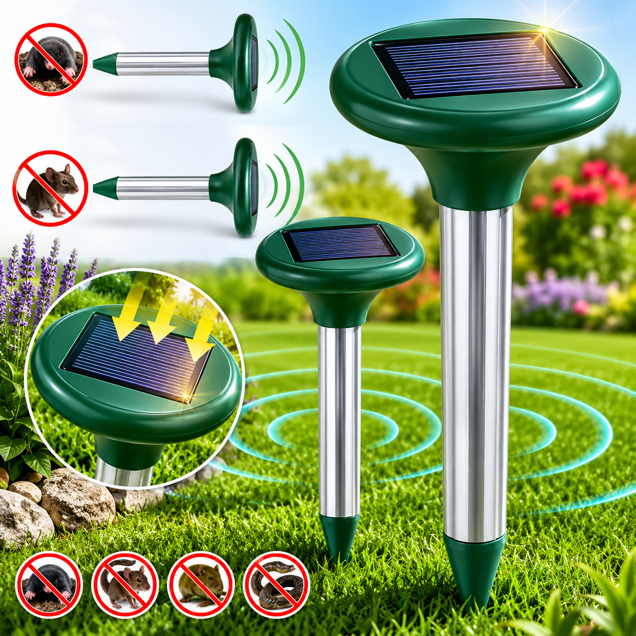 Set 2 Aparate Solare Anti-Cârtițe cu Ultrasunete – Protecție pentru Grădină până la 700 m² Powersale