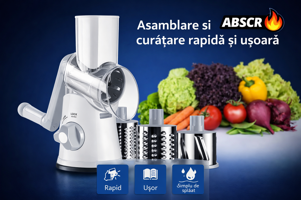 Răzătoare Manuală 3 în 1 pentru Legume, Fructe și Nuci – 3 Lame din Oțel Inoxidabil, Multifuncțională, cu Ventuză și Maner Rotativ BoomSale