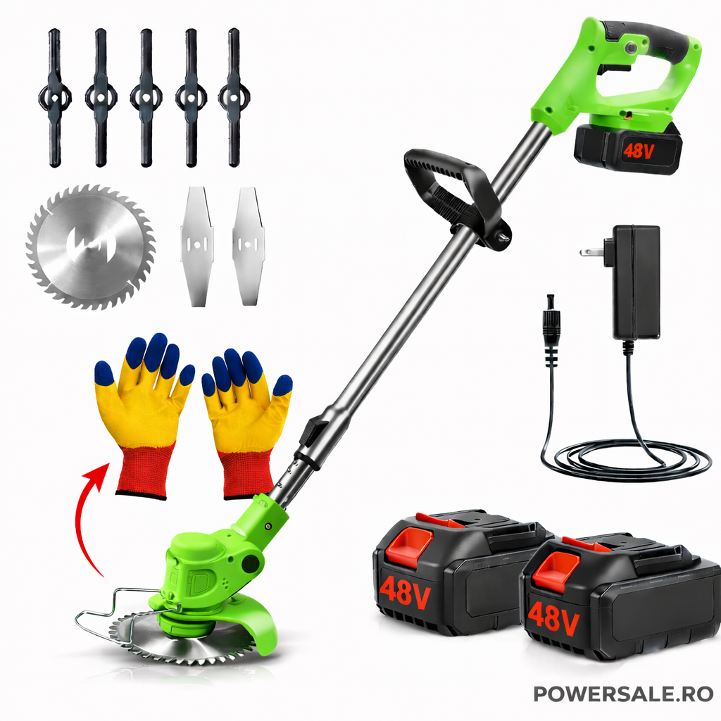 Motocoasă Electrică cu Acumulator 48V 4000 mAh, 20.000 RPM, Braț Reglabil, Autonomie 4 Ore + CADOU Mănuși Protecție Powersale