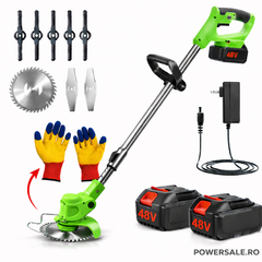 Motocoasă Electrică cu Acumulator 48V 4000 mAh, 20.000 RPM, Braț Reglabil, Autonomie 4 Ore + CADOU Mănuși Protecție Powersale