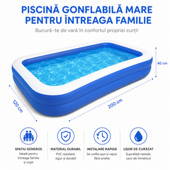 Set 2 x Piscina Gonflabila Mare pentru Familie, 200 x 120 x 40 cm, 2 Inele de Siguranta, PVC Rezistent, Albastru Powersale